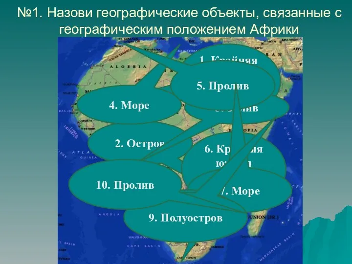 №1. Назови географические объекты, связанные с географическим положением Африки 1. Крайняя западная точка