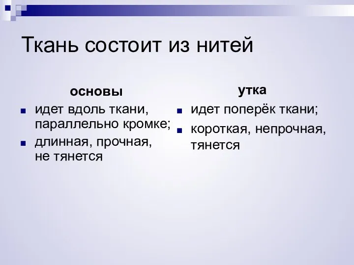 Ткань состоит из нитей основы идет вдоль ткани, параллельно кромке;