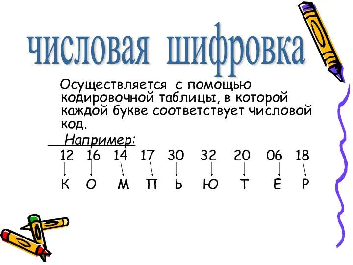 Осуществляется с помощью кодировочной таблицы, в которой каждой букве соответствует