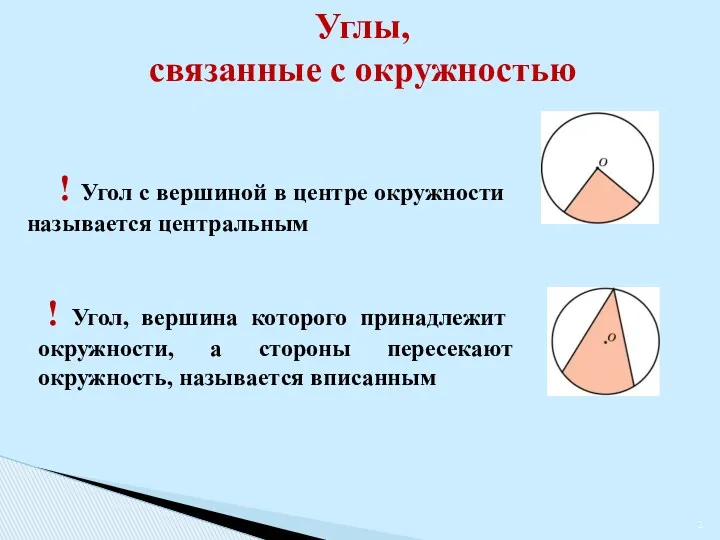 ! Угол с вершиной в центре окружности называется центральным ! Угол, вершина которого