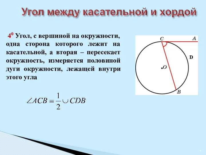 40 Угол, с вершиной на окружности, одна сторона которого лежит на касательной, а