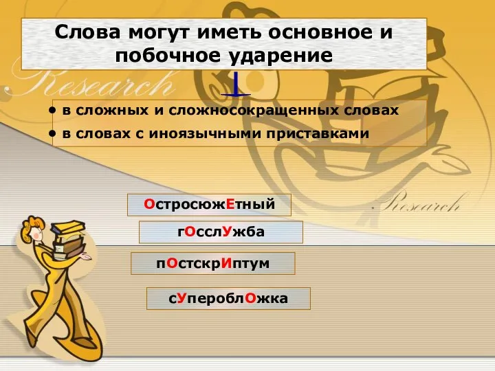 Слова могут иметь основное и побочное ударение пОстскрИптум ОстросюжЕтный гОсслУжба