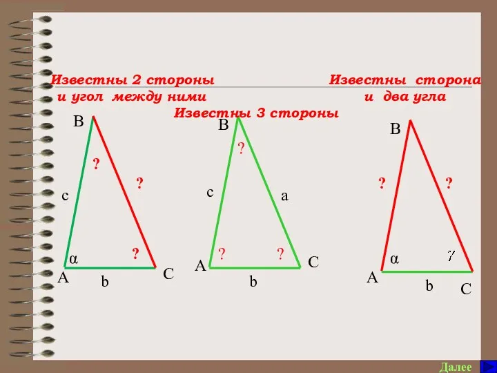 Памятка по решению треугольников Далее ? a α b ?