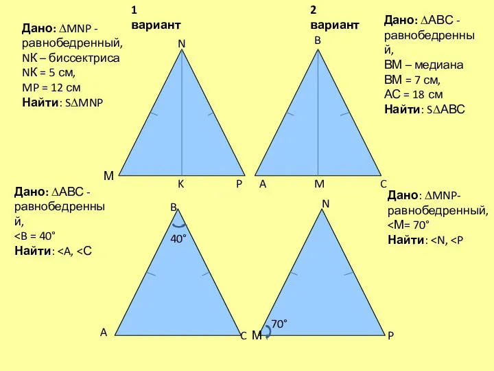 40° 70° A B C Дано: ∆MNP - равнобедренный, NК