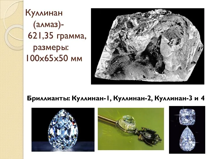 Куллинан (алмаз)- 621,35 грамма, размеры: 100х65х50 мм Бриллианты: Куллинан-1, Куллинан-2, Куллинан-3 и 4