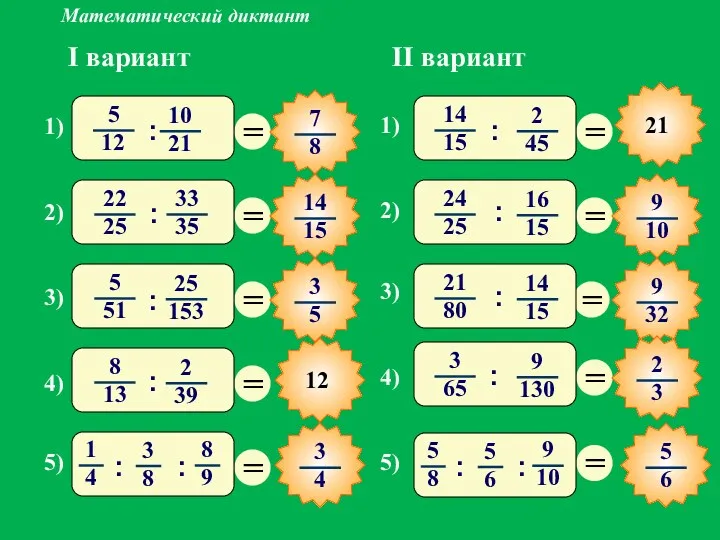 Математический диктант I вариант II вариант