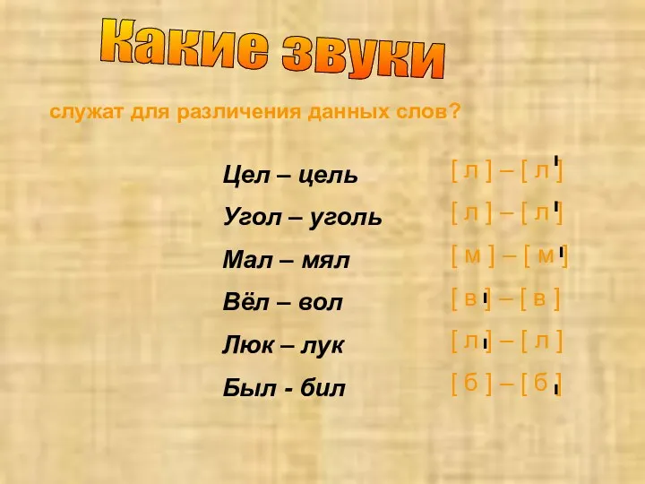 Какие звуки служат для различения данных слов? Цел – цель Угол – уголь