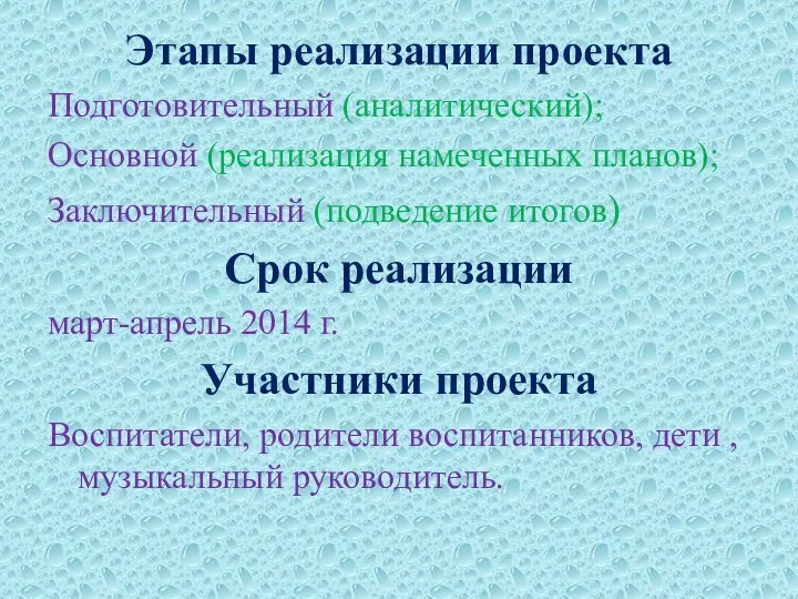 Этапы реализации проекта Подготовительный (аналитический); Основной (реализация намеченных планов); Заключительный