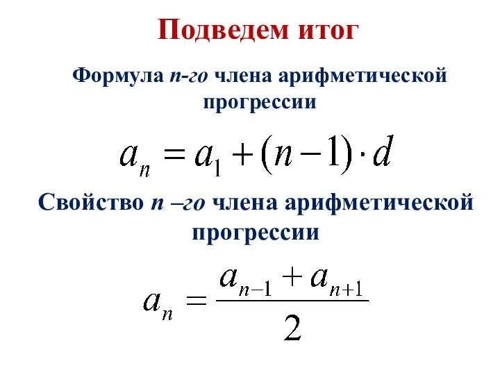 Подведем итог Формула n-го члена арифметической прогрессии Свойство n –го члена арифметической прогрессии