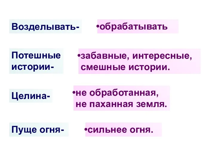 Возделывать- обрабатывать Потешные истории- забавные, интересные, смешные истории. Целина- не