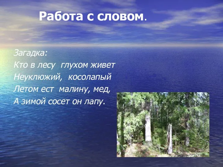 Работа с словом. Загадка: Кто в лесу глухом живет Неуклюжий,