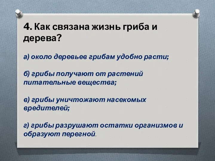 4. Как связана жизнь гриба и дерева? а) около деревьев