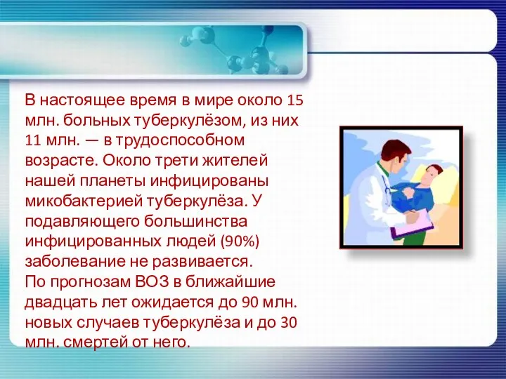 В настоящее время в мире около 15 млн. больных туберкулёзом,