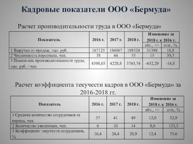 Кадровые показатели ООО «Бермуда» Расчет производительности труда в ООО «Бермуда»