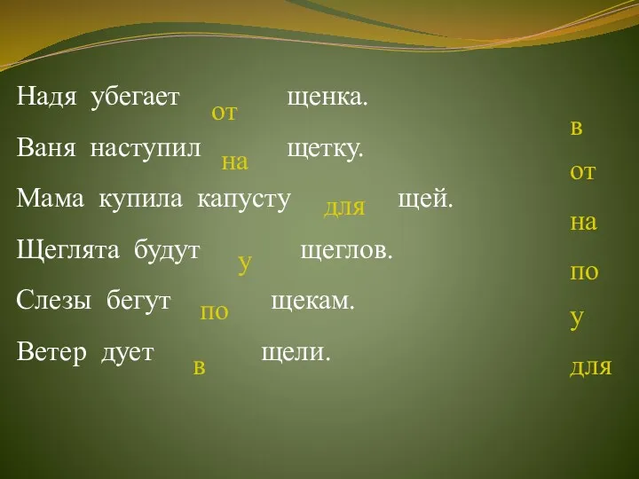 Надя убегает щенка. Ваня наступил щетку. Мама купила капусту щей.