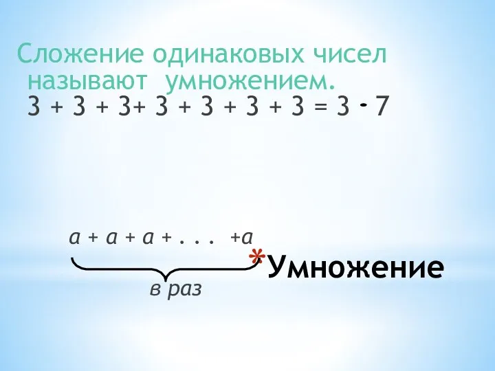 Умножение Сложение одинаковых чисел называют умножением. 3 + 3 +