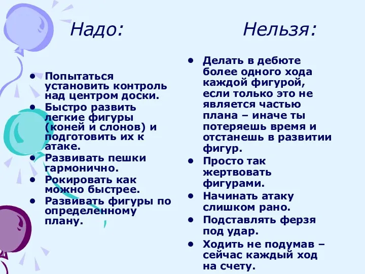 Надо: Нельзя: Попытаться установить контроль над центром доски. Быстро развить легкие фигуры (коней