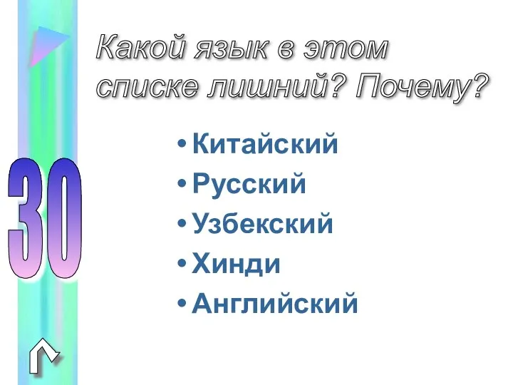 Китайский Русский Узбекский Хинди Английский Какой язык в этом списке лишний? Почему? 30