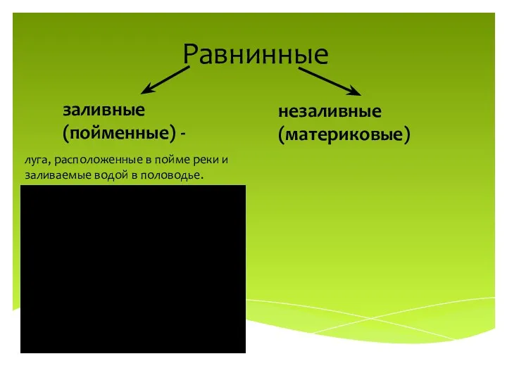 Равнинные заливные (пойменные) - незаливные (материковые) луга, расположенные в пойме реки и заливаемые водой в половодье.