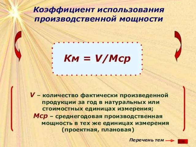 Коэффициент использования производственной мощности Км = V/Мср V – количество