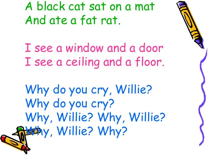 A black cat sat on a mat And ate a fat rat. I