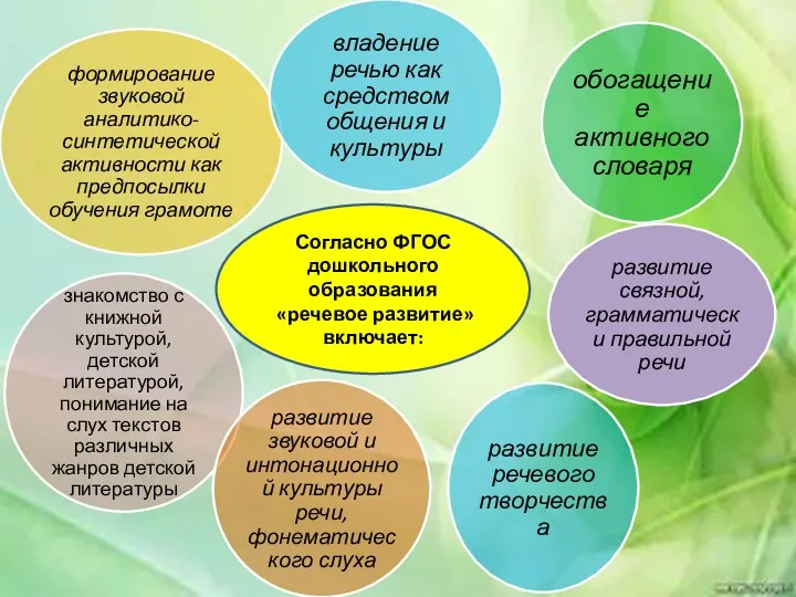 Согласно ФГОС дошкольного образования «речевое развитие» включает: