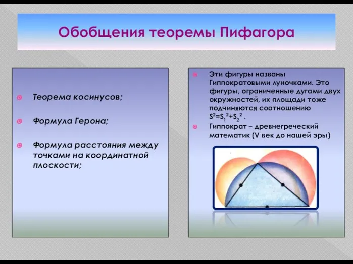 Обобщения теоремы Пифагора Эти фигуры названы Гиппократовыми луночками. Это фигуры,