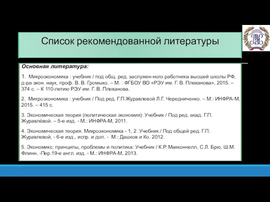 Список рекомендованной литературы Основная литература: 1. Микроэкономика : учебник /