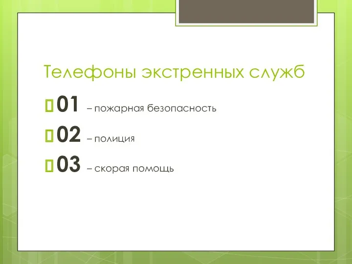 Телефоны экстренных служб 01 – пожарная безопасность 02 – полиция 03 – скорая помощь