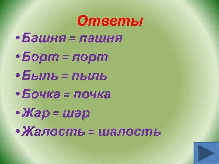 Ответы Башня = пашня Борт = порт Быль = пыль