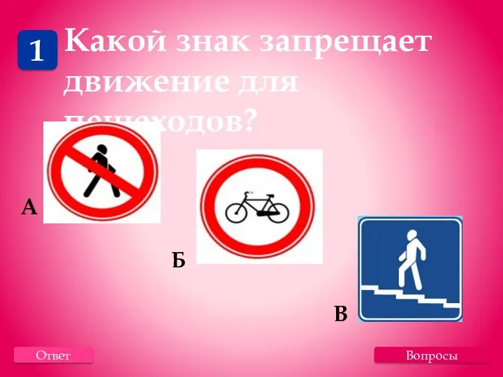 Вопросы 1 Ответ Какой знак запрещает движение для пешеходов? а А Б В