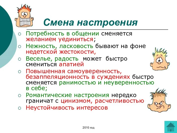 Смена настроения Потребность в общении сменяется желанием уединиться; Нежность, ласковость