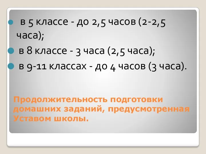 Продолжительность подготовки домашних заданий, предусмотренная Уставом школы. в 5 классе