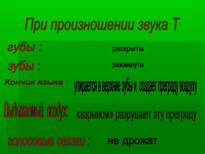 При произношении звука Т губы : раскрыты упирается в верхние