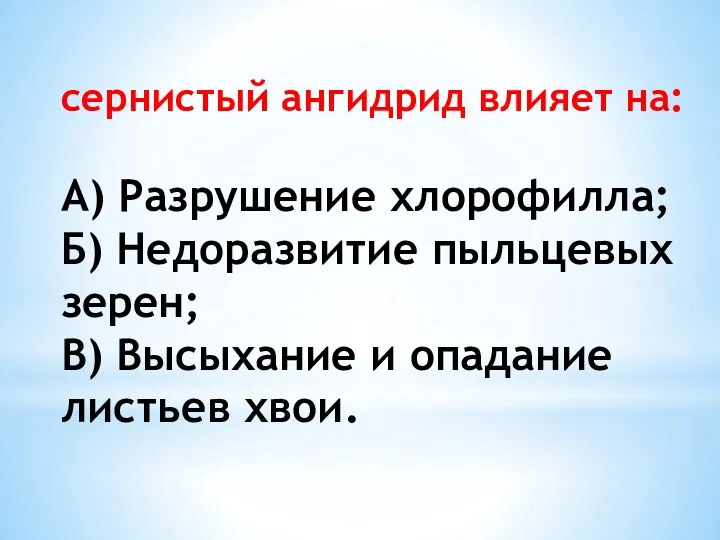 сернистый ангидрид влияет на: А) Разрушение хлорофилла; Б) Недоразвитие пыльцевых