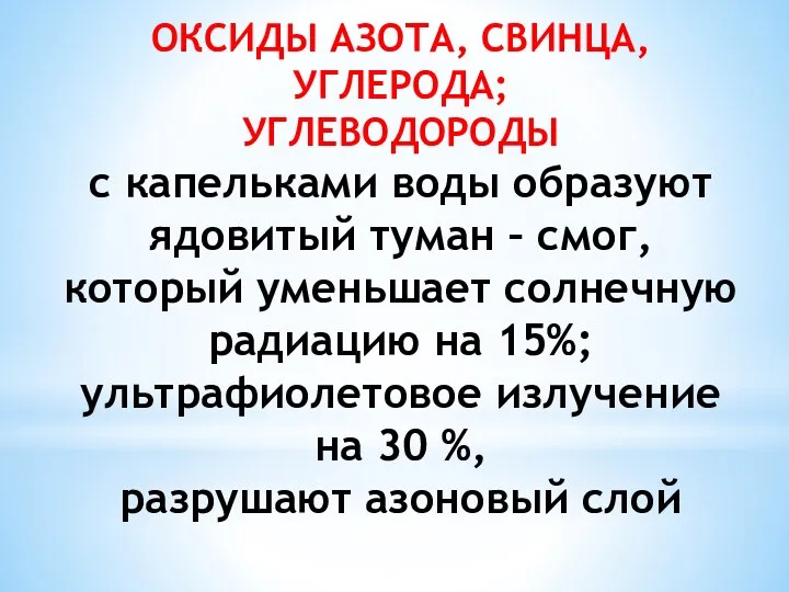 ОКСИДЫ АЗОТА, СВИНЦА, УГЛЕРОДА; УГЛЕВОДОРОДЫ с капельками воды образуют ядовитый