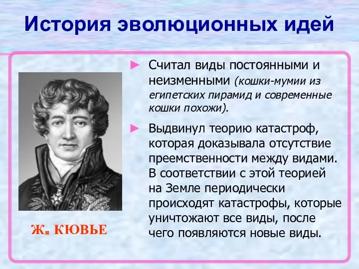 История эволюционных идей Ж. КЮВЬЕ Считал виды постоянными и неизменными