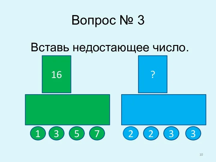 Вопрос № 3 Вставь недостающее число. 16 ? 1 3 5 2 3 3 7 2