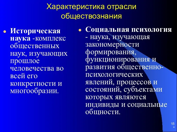 * Характеристика отрасли обществознания Историческая наука -комплекс общественных наук, изучающих