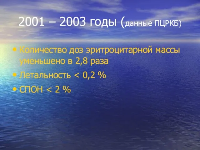 2001 – 2003 годы (данные ПЦРКБ) Количество доз эритроцитарной массы уменьшено в 2,8 раза Летальность СПОН