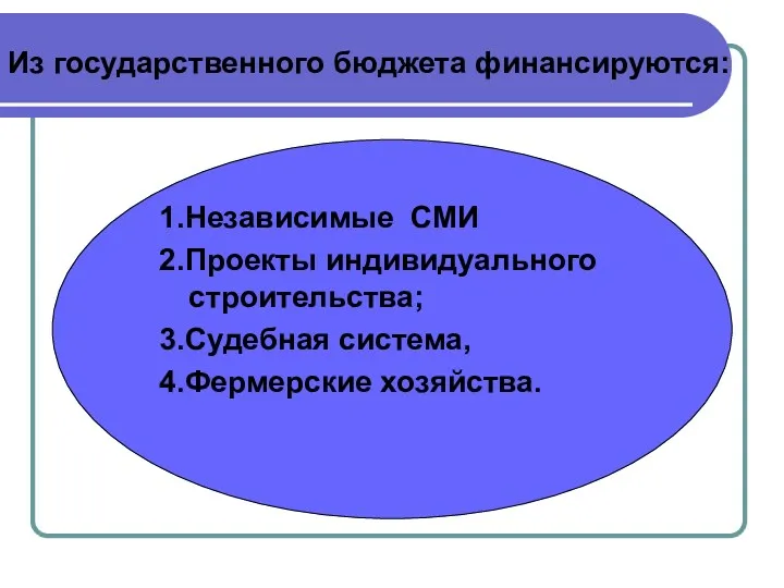 Из государственного бюджета финансируются: 1.Независимые СМИ 2.Проекты индивидуального строительства; 3.Судебная система, 4.Фермерские хозяйства.