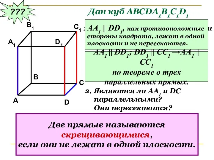 ??? Дан куб АВСDA1B1C1D1 Являются ли параллельными прямые АА1 и