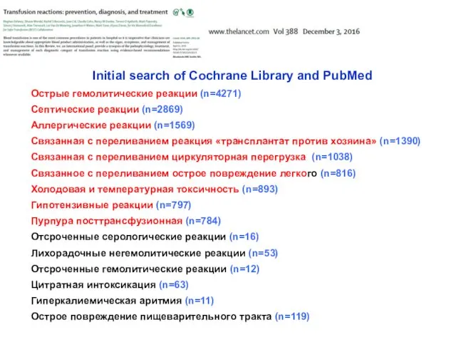 Initial search of Cochrane Library and PubMed Острые гемолитические реакции (n=4271) Септические реакции
