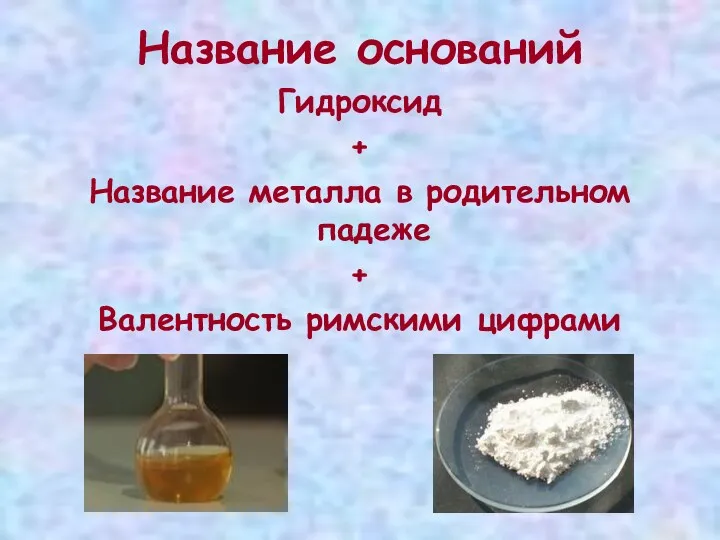 Название оснований Гидроксид + Название металла в родительном падеже + Валентность римскими цифрами