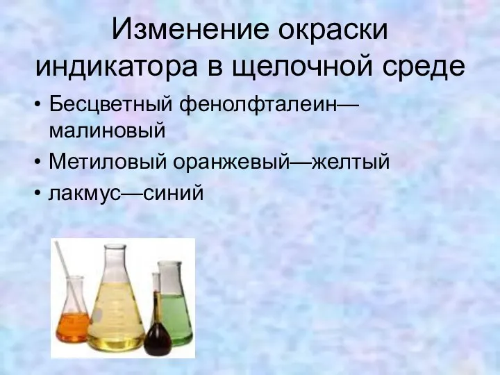 Изменение окраски индикатора в щелочной среде Бесцветный фенолфталеин—малиновый Метиловый оранжевый—желтый лакмус—синий