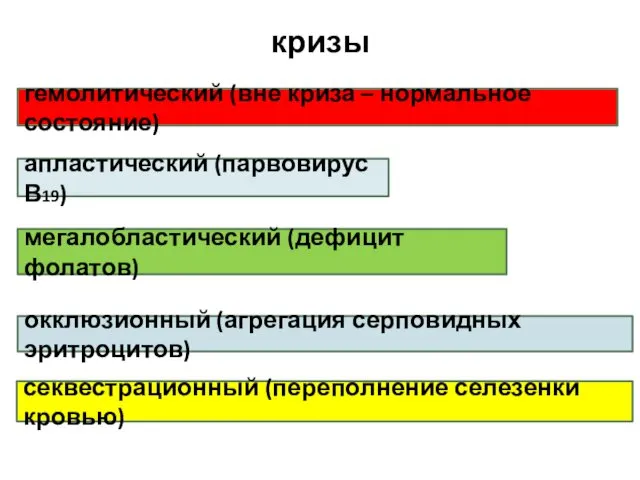 кризы гемолитический (вне криза – нормальное состояние) апластический (парвовирус В19)