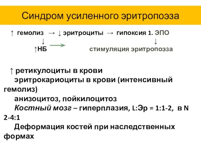 Синдром усиленного эритропоэза ↑ гемолиз → ↓ эритроциты → гипоксия