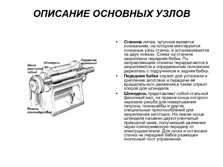 ОПИСАНИЕ ОСНОВНЫХ УЗЛОВ Станина литая, чугунная является основанием, на котором