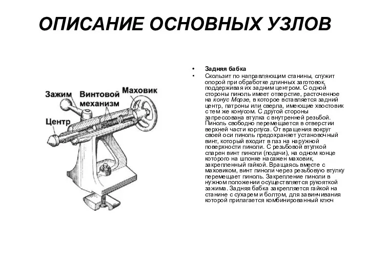 ОПИСАНИЕ ОСНОВНЫХ УЗЛОВ Задняя бабка Скользит по направляющим станины, служит