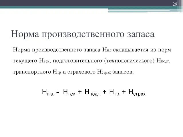 Норма производственного запаса Норма производственного запаса Нп.з складывается из норм